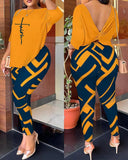 Yipinpay Autumn New Women's Fashion Leisure Bare-Back Printed Trousers Suit