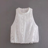 Yipinpay Summer Style Hollowed-Out Embroidered Sleeveless Blouse Loose Waist Embroidered Flute Skirt Suit