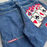 Yipinpay Street Jeans Hip-Hop Poker Graphic Printed Loose Jeans Y2K Wide-Legged Pants