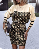 Yipinpay Independent Station Autumn New Fashion Printed Waist Round Collar Long-Sleeved Dress