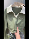 European Short Style Polo Shirt Embroidered Alphabet Design Sense Minority Lapel Clavicle V-Collar Blouse Long-Sleeved T-Shirt Women's Autumn