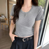 Korean Version Of The New Solid Color U-Collar Short-Sleeved T-Shirt Women's 2024 New Spring And Summer Style Slim And Slim Blouse