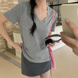 Basic Shoulder V-Collar Short-Sleeved T-Shirt Women's Summer New Korean Version Of Slim Design Feel Bottomed Shirt Casual Top Trend