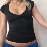 Hot Girls Sexy V-Collar Lace Stitching Solid Color Short-Sleeved Basic Casual Short-Sleeved Blouse 2024 Summer New Style