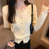 Yipinpay Sense Of Pure Color Round-Neck Cardigan Knitted Blouse Women's Autumn And Winter New Style Retro Short Sweater Jacket