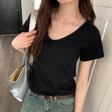Simple V-Collar Solid Color T-Shirt Small Short-Sleeved T-Shirt Women's New Slim And Thin Underwear In Summer