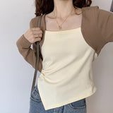 Autumn And Winter Color Positive Shoulder Fake Two Square Collar Blouses Women's Spring And Autumn Splicing Irregular Design Feeling Bottom Short T-Shirt