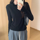 Yipinpay Hooded Solid Color Long-Sleeved T-Shirt Women's Early Autumn New Style Design Slim And Thin T-Shirt