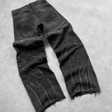 Yipinpay Loose Wide-Leg Retro American High-Set Retro Black Patchwork Hole Jeans Hip-Hop
