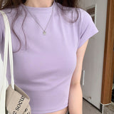 Korean Splicing Design Feel Bottom Shirt Spring And Autumn New Loose High Waist Thin Short-Sleeved T-Shirt Blouse