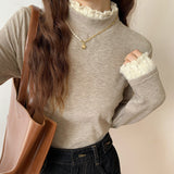 Yipinpay Semi-High-Necked Velvet Bottomed Blouse With A New Style Of Long-Sleeved Knitted Velvet And Warm Lace Blouse