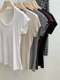 Yipinpay Version Simple Solid Color Threaded U-Collar Short-Sleeved T-Shirt Women Summer New Style Slim Look Thin Pure Desire Hot Girl Blouse Girl