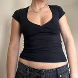 Hot Girls Sexy V-Collar Lace Stitching Solid Color Short-Sleeved Basic Casual Short-Sleeved Blouse 2024 Summer New Style
