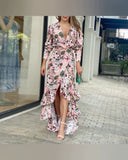 Yipinpay Autumn New Wish Sexy V-Tie Single-Breasted Floral Beach Dress