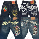 Yipinpay Street Jeans Men's Y2K Printed Hip-Hop Straight Tube Retro Loose Wide-Legged Jeans