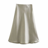 Yipinpay 2024 New Elastic Waistline Simple Full-Color Satin Full-Length Skirt