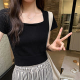 Korean Version Of Knitted Short-Sleeved T-Shirt Women's New Summer Slim Thin Solid Color Full-Length Short-Style Blouse Ins