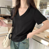 Basic Shoulder V-Collar Short-Sleeved T-Shirt Women's Summer New Korean Version Of Slim Design Feel Bottomed Shirt Casual Top Trend