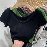 European V-Neck Shoulder T-Shirt Women's Short-Sleeved Summer New Slim And Skinny Short-Bottomed Blouse