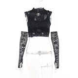 Yipinpay Dark Wind Netting Skull Lace Vest Two-Piece Set Spring Ins Sexy Inner Suit