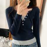 Yipinpay Desire To Fake Two V-Collar Long-Sleeved T-Shirts For Women In Early Autumn, The New Design Feels Like A Small Group Of Slim Spicy Girls' Short Blouses.