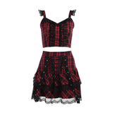 Yipinpay Dark Plaid Sling Lace Tie Pleated Skirt 2024 Spring Personality Suit