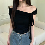 The Word Solid Color Irregular Bandage And Knot On The Shoulder Is Sexy In Summer, Wrinkled And Skinny T-Shirt.