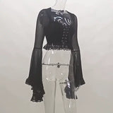 Yipinpay Strapped With Lace Spliced Horn Long-Sleeved Shirt Dark Slim Sexy Navel Cardigan T-Shirt