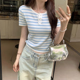 Cold And Light High-Grade Blue Color Striped Short-Sleeved Shoulder T-Shirt Women's Summer Stretch Waist Short Style Foreign Style T-Shirt