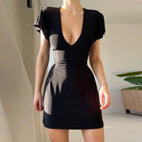 Yipinpay Sexy V Collar Waist Shows Thin Short-Sleeved Dress Temperament Slim Casual Pure Color Hip Skirt Woman