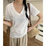 Basic Shoulder V-Collar Short-Sleeved T-Shirt Women's Summer New Korean Version Of Slim Design Feel Bottomed Shirt Casual Top Trend