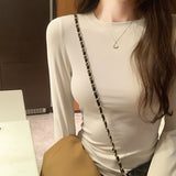 Yipinpay Round-Necked Solid Color Long-Sleeved Shoulder T-Shirt With A New Autumn And Winter Skinny Basic T-Shirt