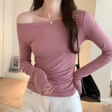Yipinpay Color Long-Sleeved T-Shirt Women's Autumn New Design Sense Minority Shoulder Blouse Slim And Thin Bottomed Shirt