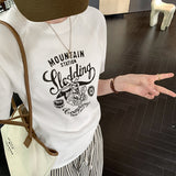Vintage European High-End Print Loose Shoulder-Inserting Short-Sleeved T-Shirt Women's Summer 2024 New Blouse