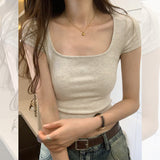 Large Square Collar Design Small Solid Color T-Shirt Women's Short Sleeves Show Thin Exposed Collarbone Short Style Sweet Hot Style Blouse