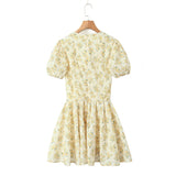 Yipinpay New Yellow Flower V-Neck Short-Sleeved Mini Dress