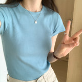 Classic Basic Grey Shoulder T-Shirt Women's Short-Sleeved Round-Necked T-Shirt Threaded To Show A Thin Blouse In Summer