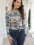 Yipinpay Girls Style Tie One-Word Shoulder Long-Sleeved Sexy Newspaper Printed Blouse 2024 Spring And Autumn New T-Shirt