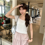 Korean Version Of Knitted Short-Sleeved T-Shirt Women's New Summer Slim Thin Solid Color Full-Length Short-Style Blouse Ins
