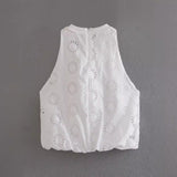 Yipinpay Summer Style Hollowed-Out Embroidered Sleeveless Blouse Loose Waist Embroidered Flute Skirt Suit