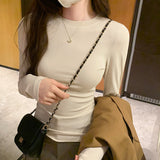 Yipinpay Round-Necked Solid Color Long-Sleeved Shoulder T-Shirt With A New Autumn And Winter Skinny Basic T-Shirt