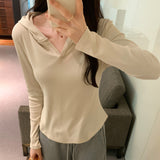 Yipinpay Basic Style Threaded Hooded Top Women's Autumn And Winter New Slim Short-Sleeved T-Shirt