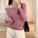 Yipinpay Color Long-Sleeved T-Shirt Women's Autumn New Design Sense Minority Shoulder Blouse Slim And Thin Bottomed Shirt
