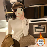 Yipinpay Collar Solid Color Long-Sleeved T-Shirt Women Wear A New Style Of Slimming, Velvet, Thicker, Warm And Bottomed Shirts In Autumn And Winter.