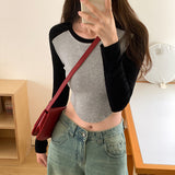 Yipinpay Retro Long-Sleeved T-Shirt Women's Early Autumn New Style Underwear Design Short-Style Blouse