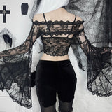 Yipinpay Dark Lace Stitching Blouse Femininity Sexy Hot Girl Shoulder Net Long-Sleeved Cardigan