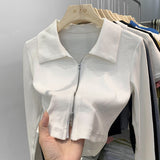 European Design Sense Niche Double Zipper Polo Collar Jacket Women's Early Autumn New Threaded Short Top Knitted Cardigan
