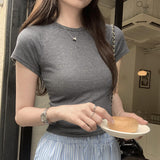 Retro Spice Girl Shoulder Short-Sleeved T-Shirt A New Summer Style Short Blouse With Solid Color And Slim Figure