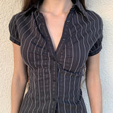 Vintage Striped Bubble Sleeve Blouse With Thin Waist And POLO Collar Button Cardigan Short Sleeved T-Shirt