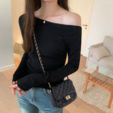 Yipinpay Color Long-Sleeved T-Shirt Women's Autumn New Design Sense Minority Shoulder Blouse Slim And Thin Bottomed Shirt